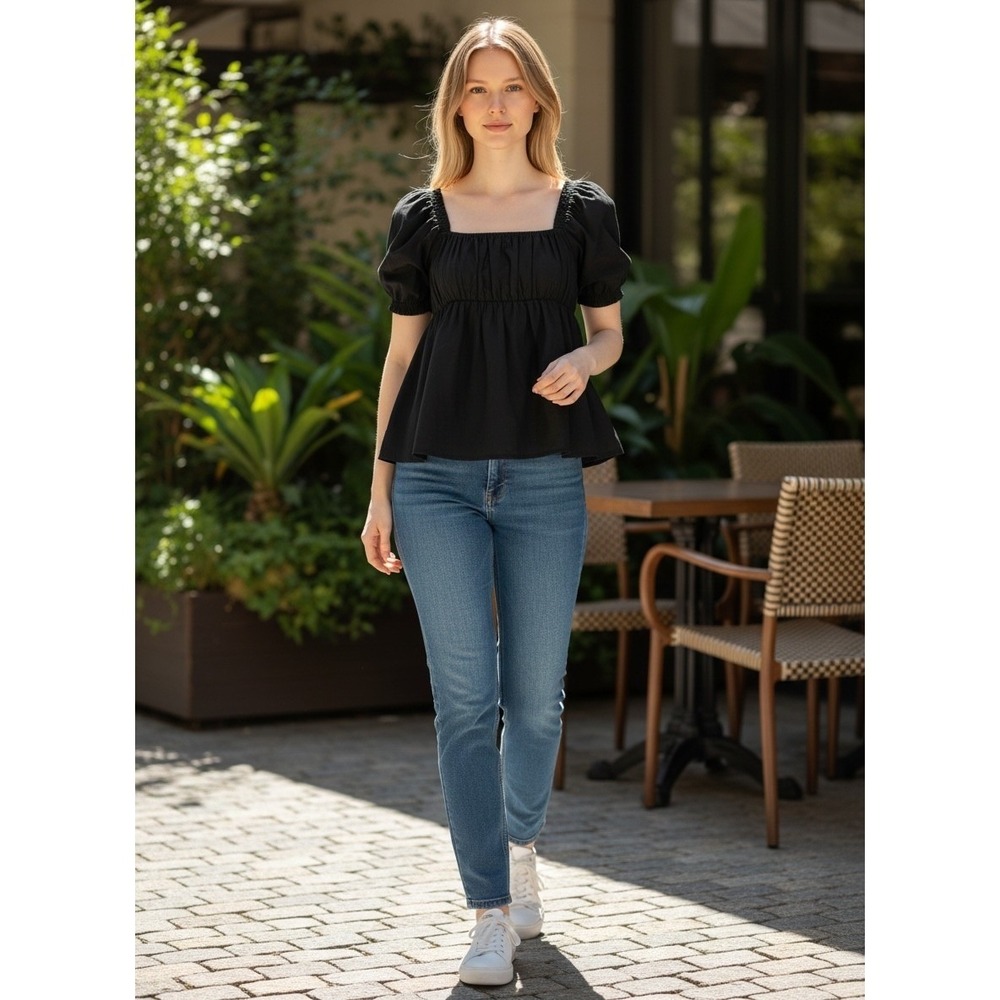 Abercrombie & Fitch Womens Black Puff Sleeve Smocked Babydoll Top Size L